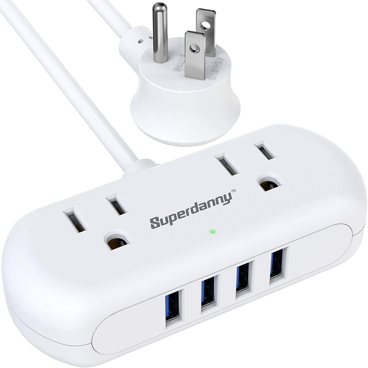 SUPERDANNY 2 WideSpaced Outlets Power Strip with 4 USB 5 ft Flat Plug