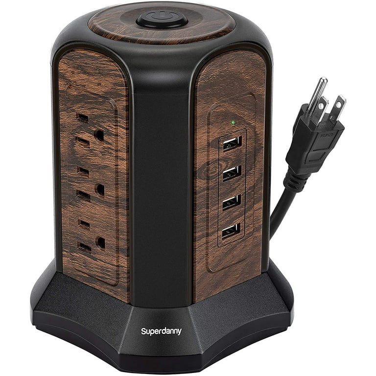SUPERDANNY 9 Outlets 4 USB Power Strip Tower Surge Protector 1080J with 10  ft Extension Cord Deep Wood Grain 