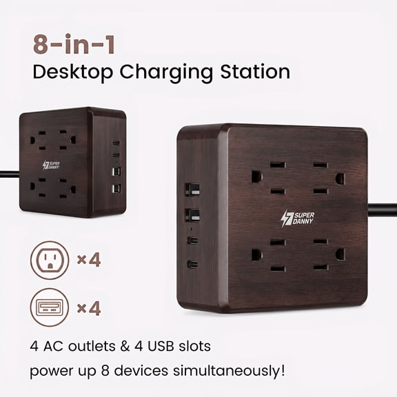 SUPERDANNY Desktop USB Power Strip Surge Protector with Widely Spaced Outlets & Smart USB Ports, Portable Charging Station for Home Office Dorm RV