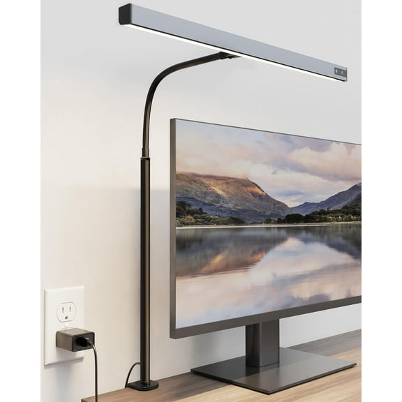 SUPERDANNY LED Desk Lamp for Office Home, Eye-Caring Desk Light with Adjustable Gooseneck, 12W Touch Control Dimmable Brightness, Architect Clamp Lamp with USB Adapter, Grey