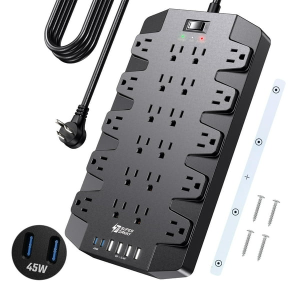SUPERDANNY Power Strip Surge Protector with 10ft Extension Cord - 22 Outlets, 6 USB Ports, 45W Fast Charging - 1875W/15A, 2100J, 45°Plug, Mountable - Ideal for Home, Office, Gaming, PC, Streaming