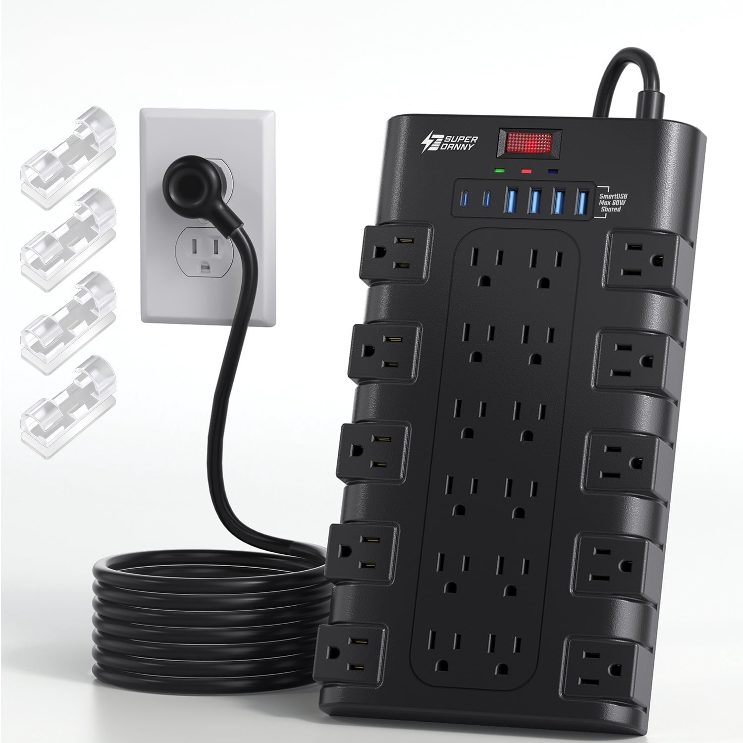 Power Strip Surge Protector with 22 AC Outlets and 6 USB Charging Ports, 2100 Joules, 5.5Ft Heavy Duty Extension Cord for Home, Office, Dorm, Gaming Room, Black