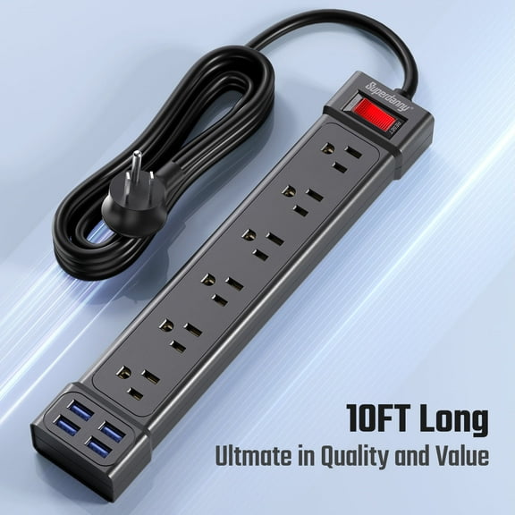 SUPERDANNY Surge Protector Power Strip, 4 USB Ports 6AC Outlets Extender 10ft Long, Wall Mountable