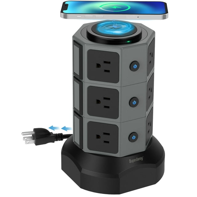 SUPERDANNY Surge Protector Power Strip Tower with Wireless Charger USB