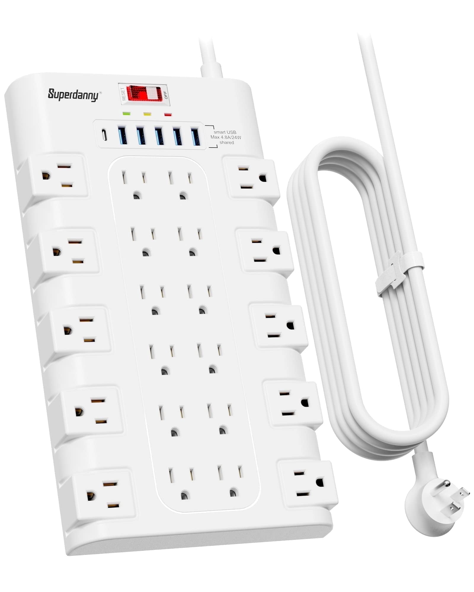 SUPERDANNY Surge Protector Power Strip with 22 AC Outlets and 6 USB Ports 6.5Ft Extension Cord White