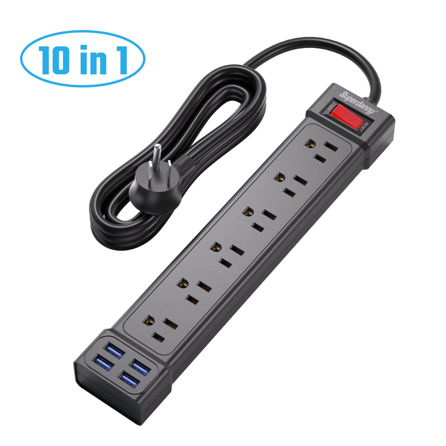 SUPERDANNY Surge Protector Power Strip with USB Ports 6AC Outlets Extender 4ft Wall Mountable