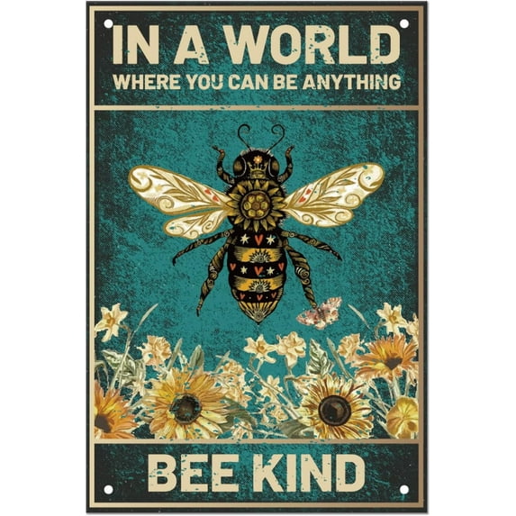 SUPERDANT Vintage Bee Flower Tin Signs Sunflowers Metal Tin Sign Inspirational Quotes Be Kind Vintage Metal Tin Signs Funny Text Metal Plaque Retro Bedroom Bathroom Man Cave Wall Decor 12x8in