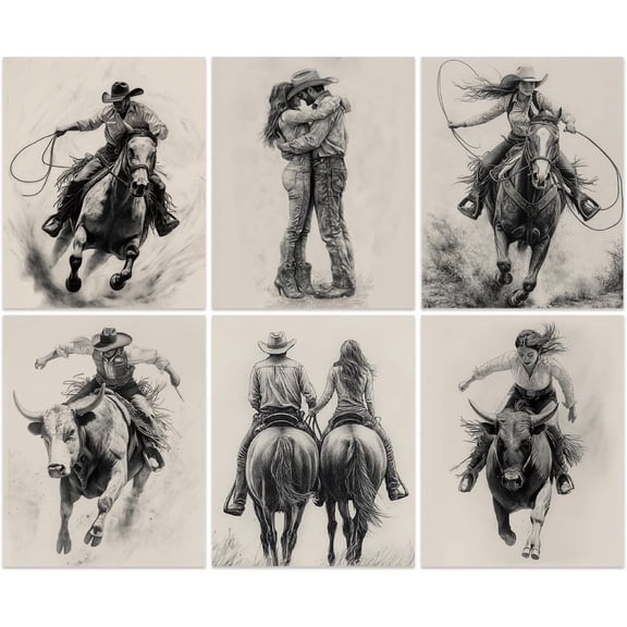 SUPERDANT6 PCS Western Sketch Scene Wall Art Poster Western Cowboy Canvas Prints Poster Cowboy Copules Wall Pictures Cowboys Art Prints for Bedroom Living Room Decor 9.8x7.9in Unframed diy
