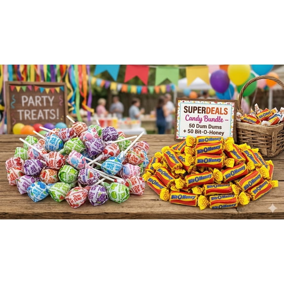 SUPERDEALS 100 Count Candy Variety Pack  50 Dum Dums Lollipops & 50 Bit-O-Honey Chews  Individually Wrapped Bulk Candy for Halloween, Parties, Piatas, Office & Candy Bowls