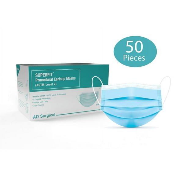 SUPERFIT Disposable 3 Ply Face Mask - Certified ASTM Level 2 Protection - Excellent Breathability & Comfort, Quality Made in Taiwan - Pack of 50 (Blue)
