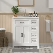 SUPERFLO 30" Bathroom Vanity with Sink, White Bathroom Vanity with Top Sink, Solid Wood Modern Bathroom Storage Cabinet with 2 Doors and 3 Drawers, Single Sink Bathroom Vanity