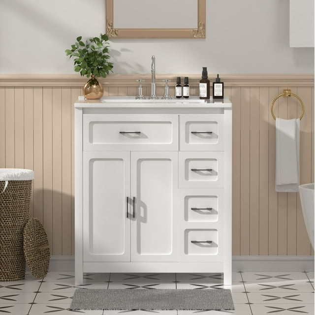 P PURLOVE 36" Bathroom Vanity With Sink - Wood Cabinet, Flip Drawer, 2 Drawers, Adjustable Shelf