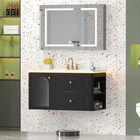 SUPERFLO 36 inch Floating Bathroom Vanity with Sink, Wall-Mounted Modern LED Bathroom Cabinet with Ceramic Integrated Sink, Soft-Close Storage Cabinet and 2 Drawers, Black