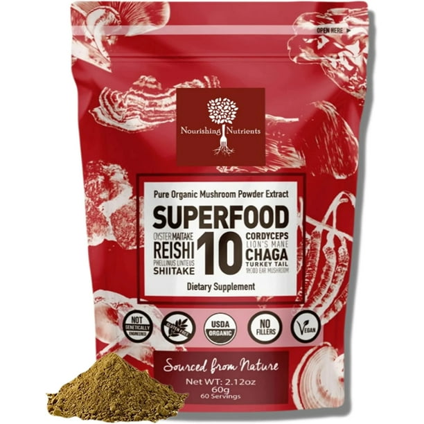 SUPERFOOD 10 Organic Mushroom Powder Extract Supplement 14x STRONGER