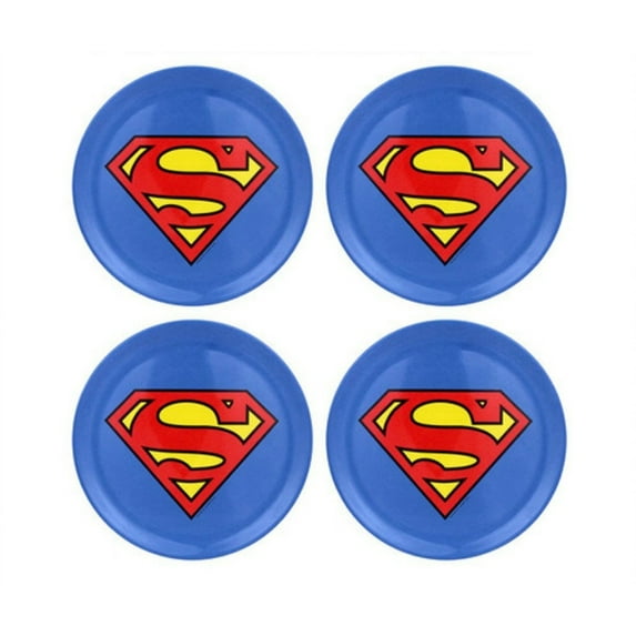 SUPERHERO Snack Size Melamine Plates and Bowls Sets Batman, Superman, Man of Steel, Caped Crusader (SUPERMAN LOGO Plate Set (4))