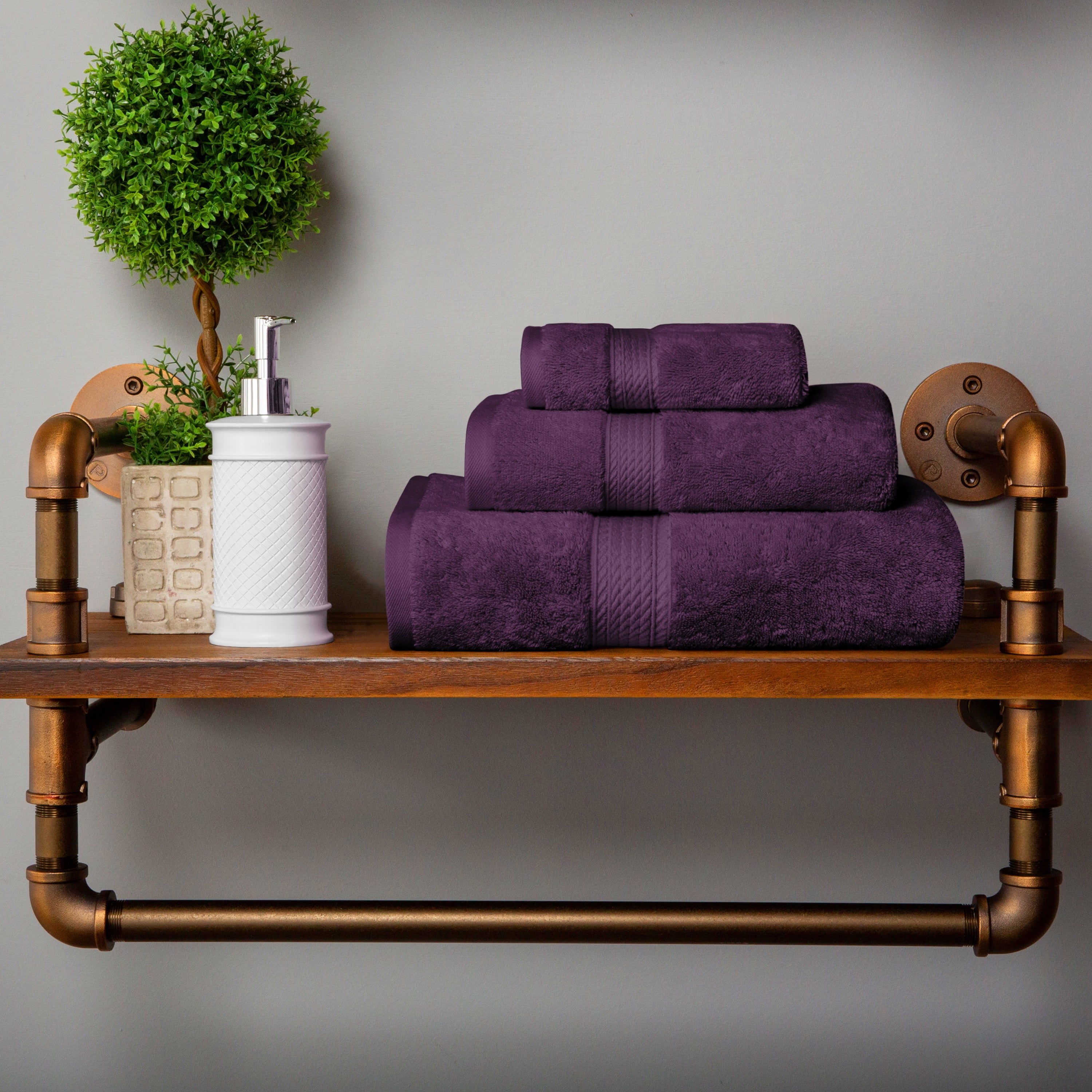 SUPERIOR Solid Egyptian Cotton 3-Piece Hand, Bath and Face Towel Set - Plum