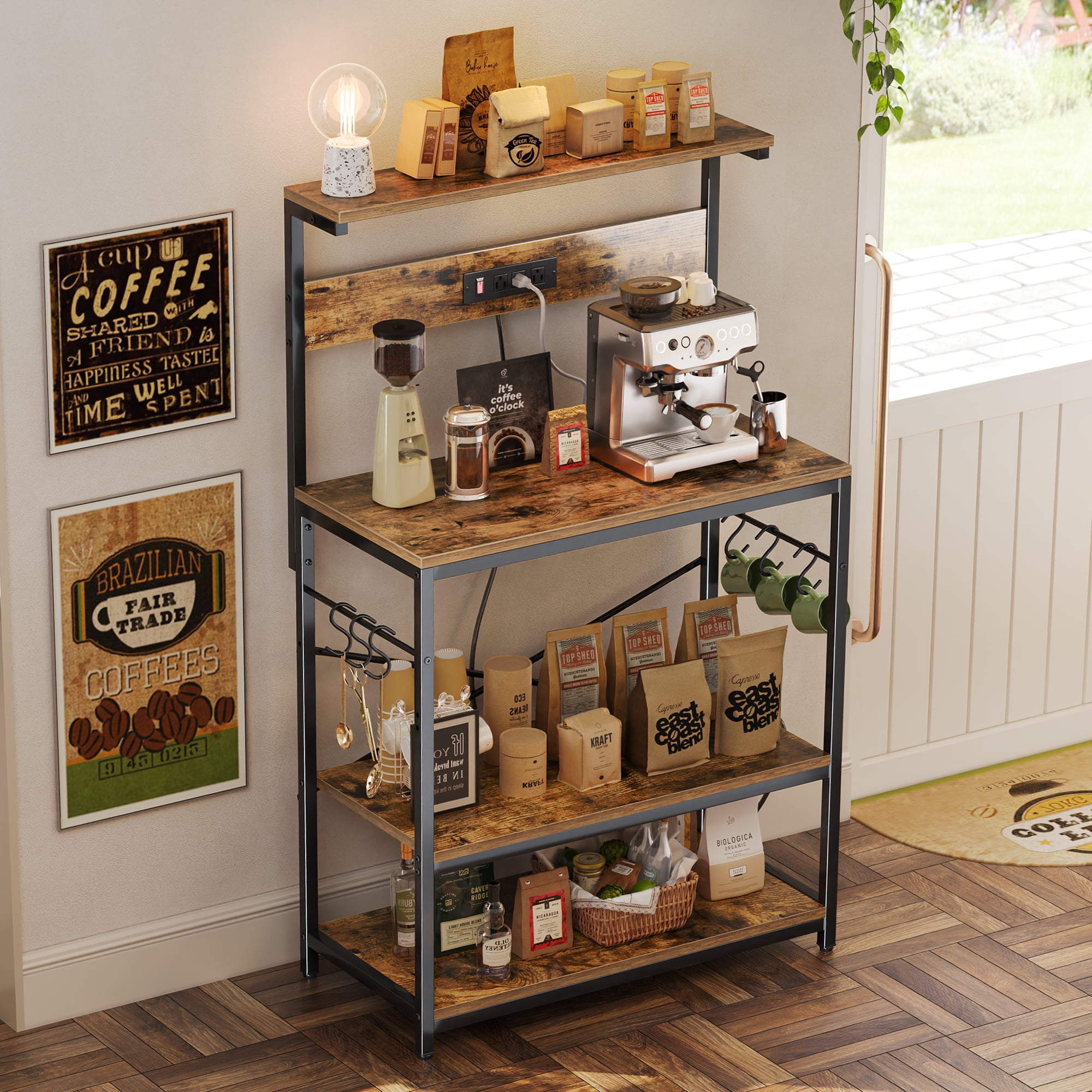 Free Shipping 31.5 Bakers Rack with Power Outlets 4 tier Coffee Bar Table Microwave Stand 6 S shaped Hooks Kitchen Storage Shelf Rack for Kitchen Living Room Rustic Brown Walmart
