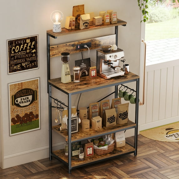 31.5" Bakers Rack with Power Outlets, 4-tier Coffee Bar Table, Microwave Stand, 6 S-shaped Hooks, Kitchen Storage Shelf Rack, for Kitchen, Living Room, Rustic Brown