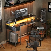 SUPERJARE 53 inch L-Shaped Computer Desk with LED Lights & Power Outlets, Gaming Desk with Shelves & Drawer, Reversible L Office Desk, Black