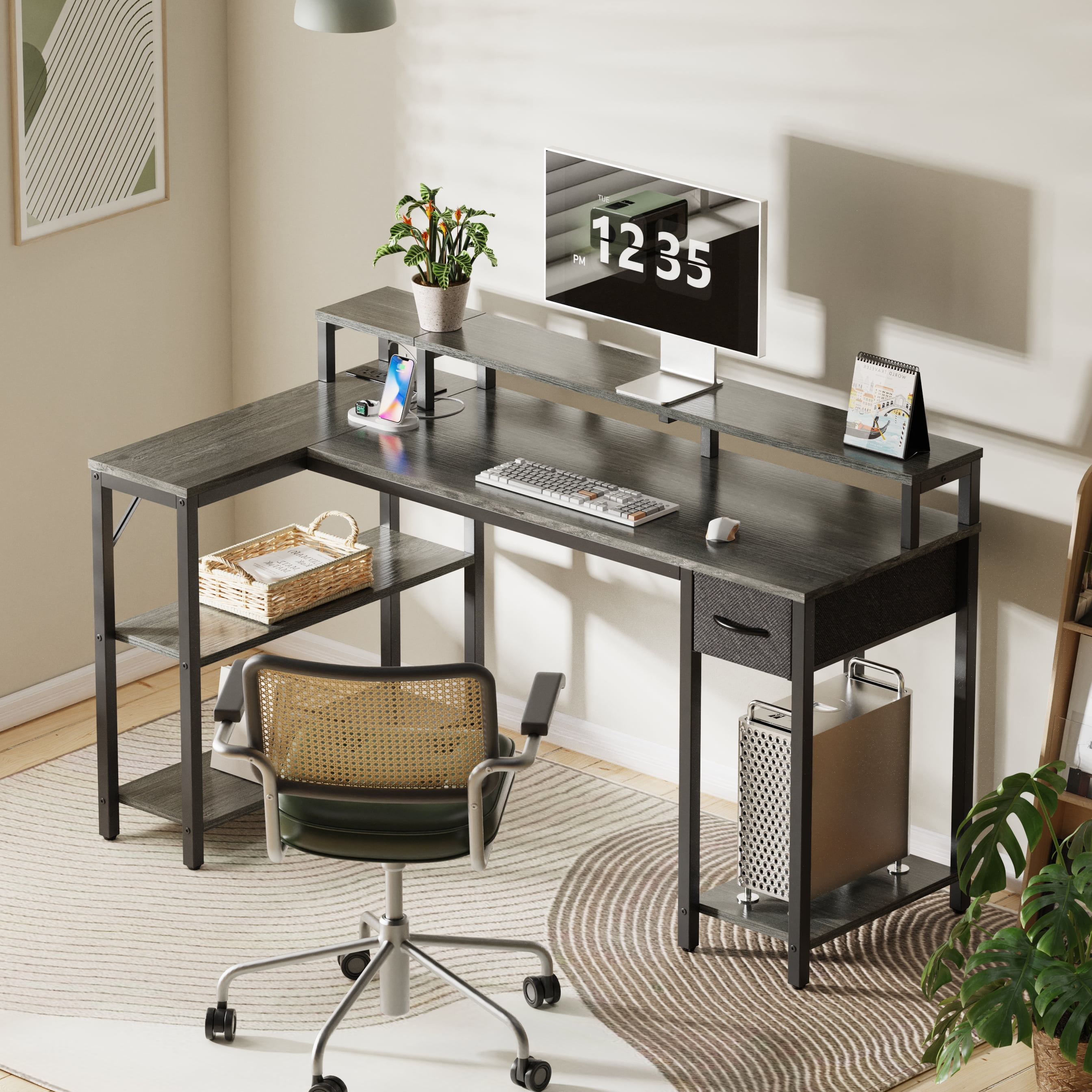 Supercomputer Desk SUPERJARE 53 inch L-Shaped Computer Desk with LED Lights & Power ...