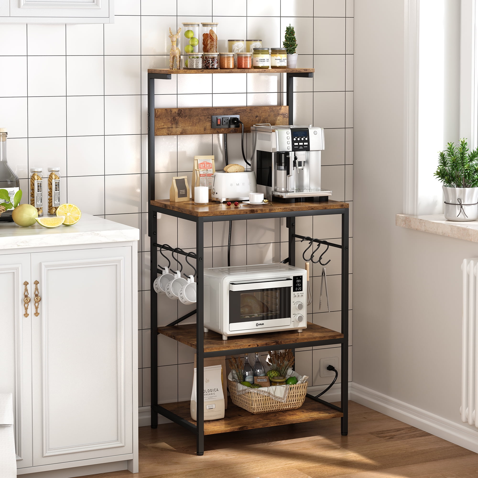 Kitchen Storage Cabinets Kitchen Bakers Racks with Storage Holder on Wheel  Table Microwave Oven Stand Storage Cart with Wire Basket Metal Frame