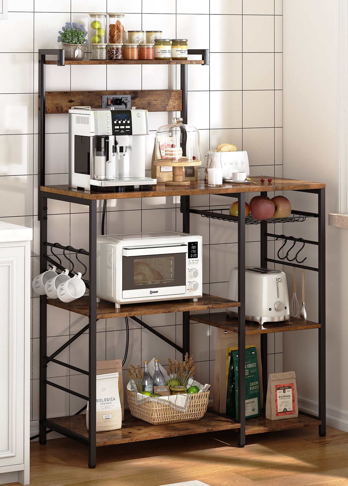 Free Shipping Alden Design 35.5 Kitchen Storage Shelf Baker s Rack with 10 Hooks Rustic Brown Walmart