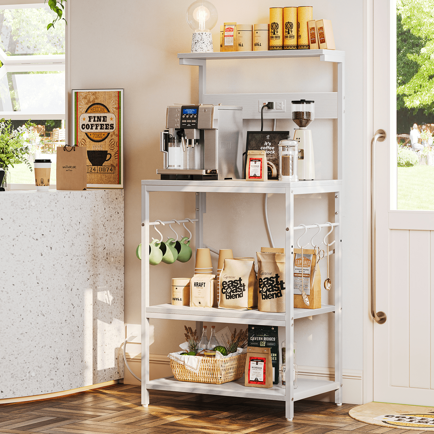SUPERJARE Bakers Rack with Power Outlet Kitchen Coffee Bar Table Wood Microwave Stand with Hooks and Storage Shelves Kitchen Shelf Rack White