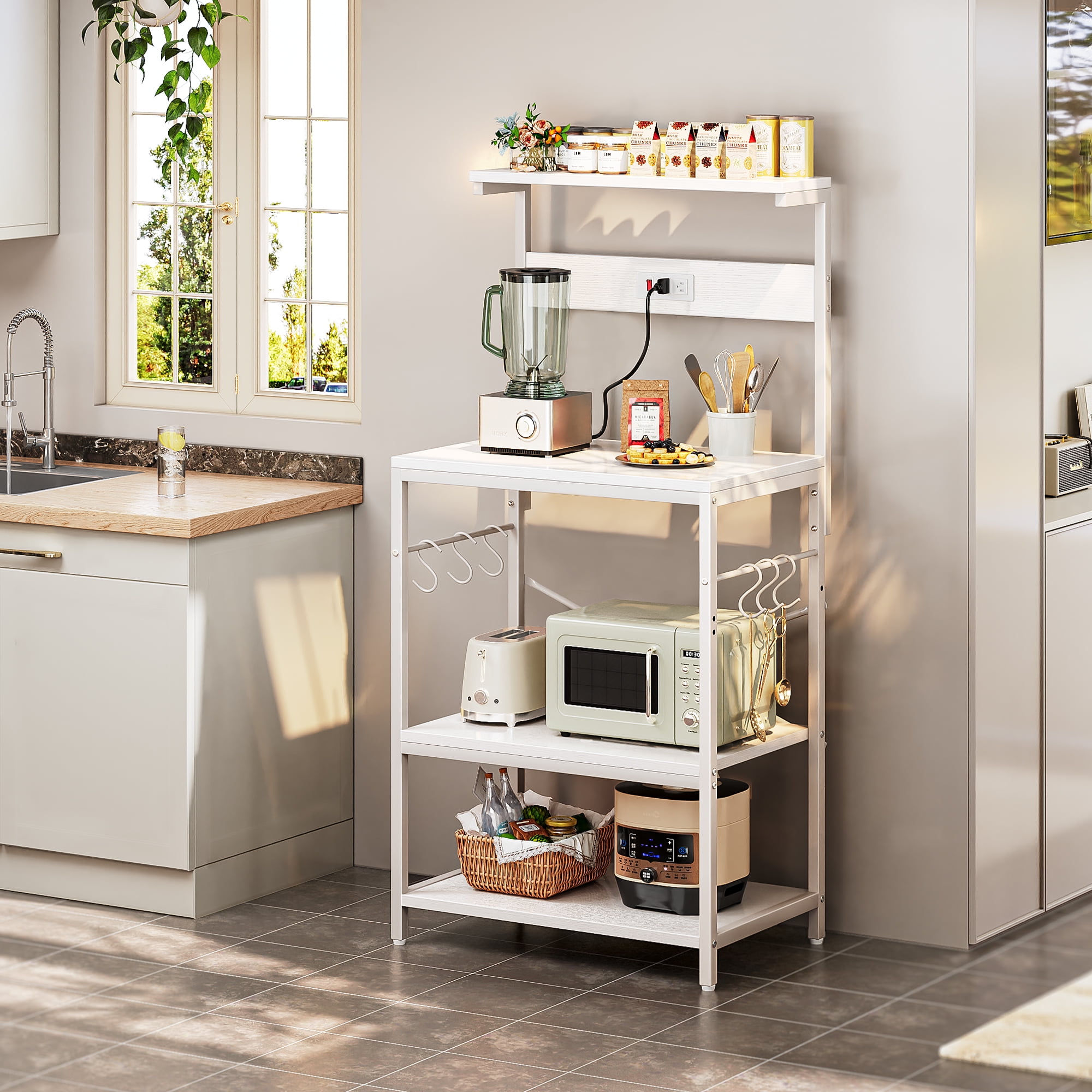 SUPERJARE Bakers Rack with Power Outlet, Kitchen Coffee Bar Table, Wood