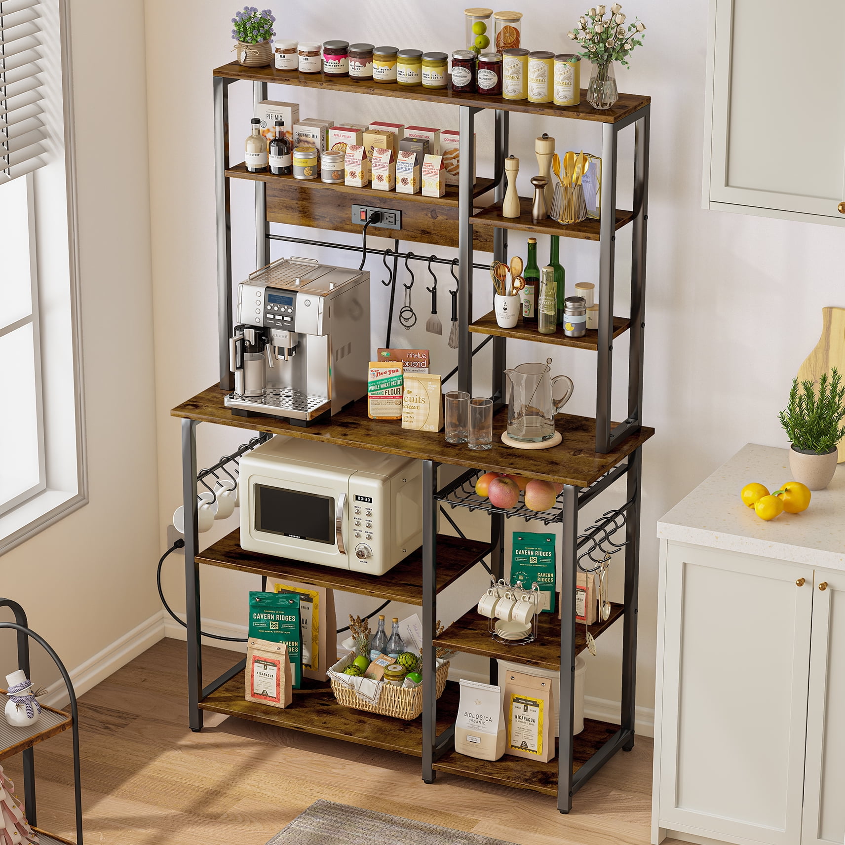 Wooden Bakers Rack with Power Outlets Large Microwave Stand Coffee Bar with Hooks Wire Basket Rustic Brown Walmart