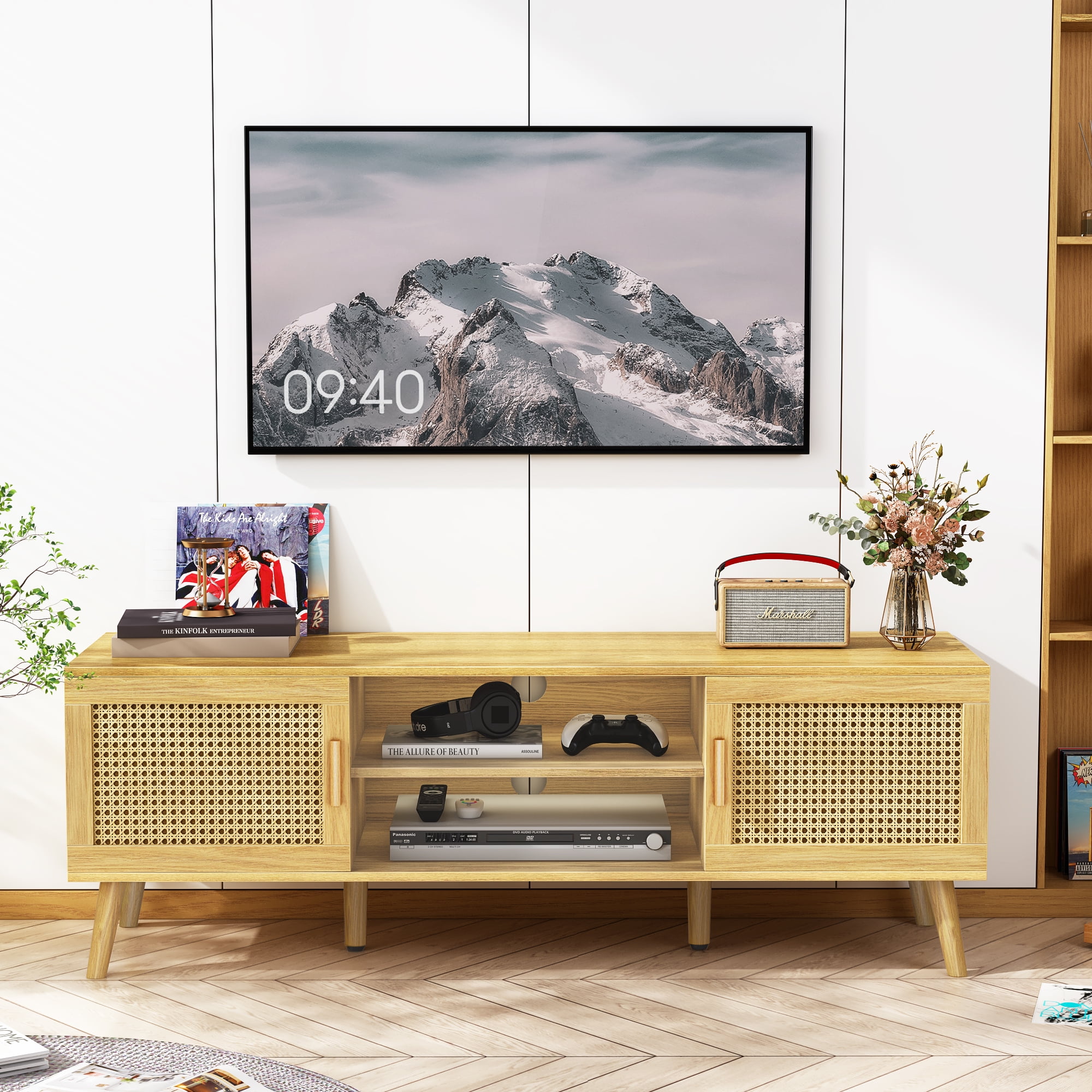 SUPERJARE Boho TV Stand for 55 Inch TV, Entertainment Center with