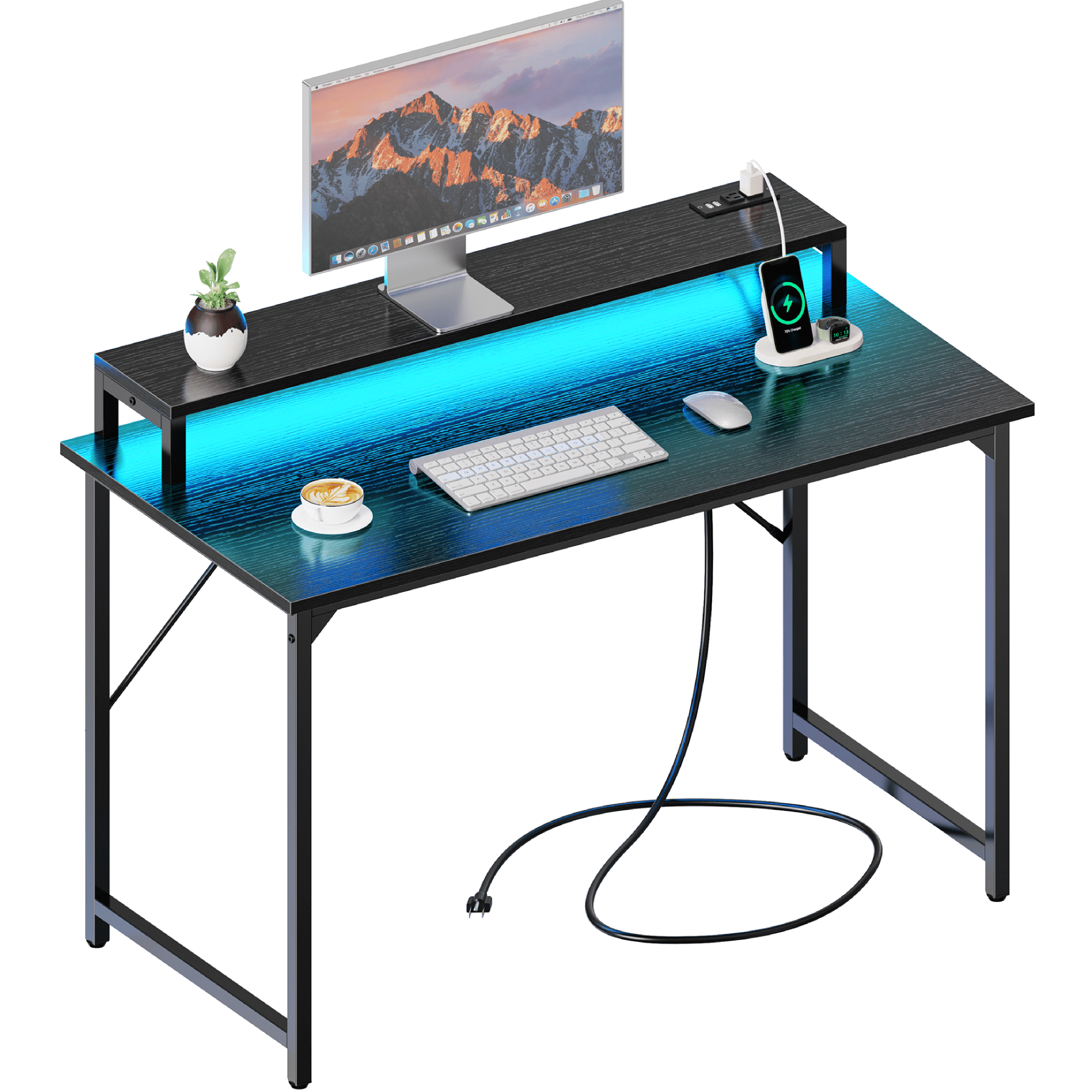 SUPERJARE Computer Desk with LED Lights & Power Outlets, 47 inches