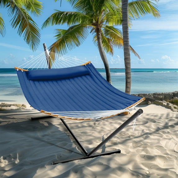 SUPERJARE Hammock with Stand, 2 Person Heavy Duty Hammock Frame, Detachable Pillow & Strong Curved-Bar & Portable Carrying Bag, Perfect for Outdoor & Indoor, 148x55.1 inches, Navy Blue