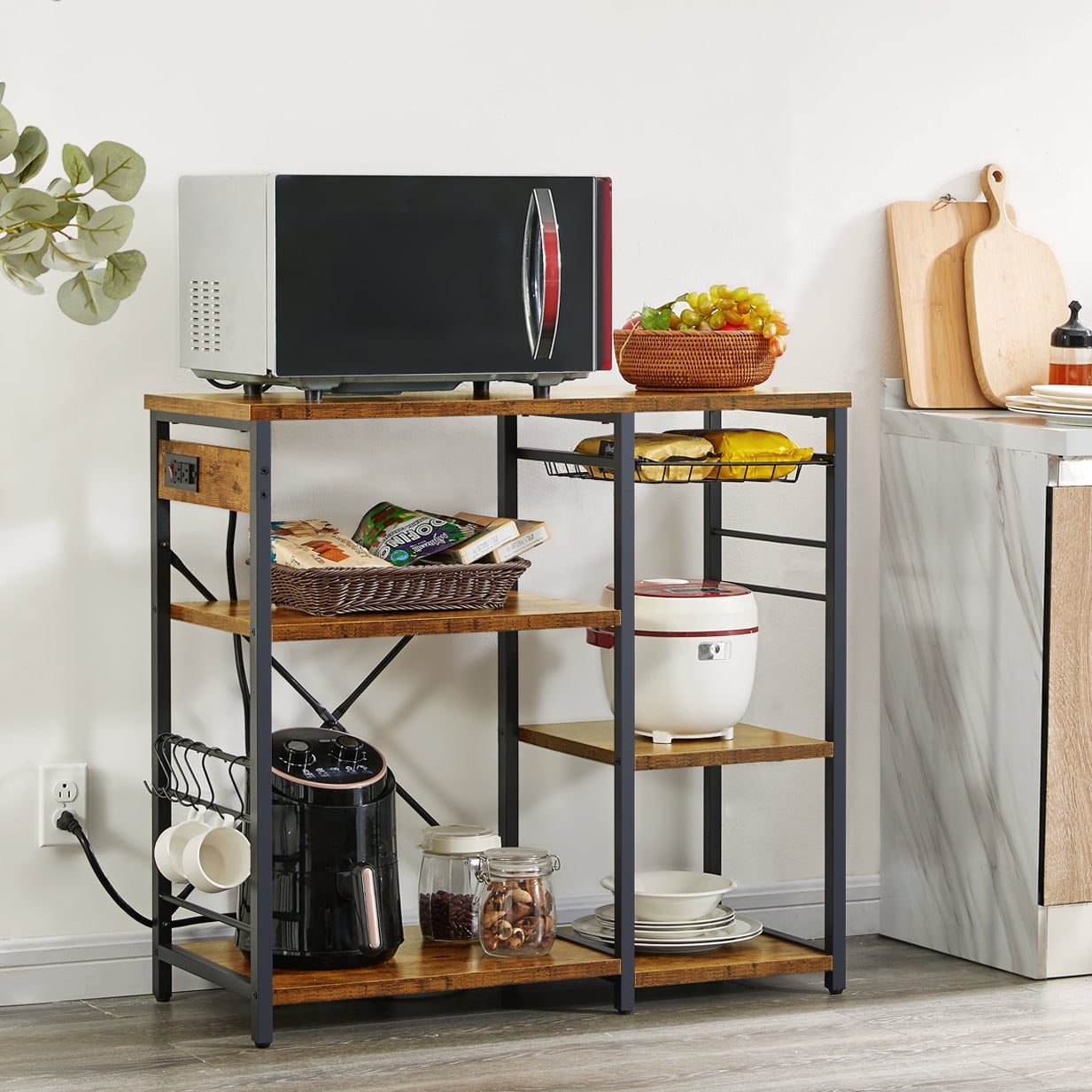 SUPERJARE Kitchen Bakers Rack with Power Outlet, Coffee Bar Table Station, Microwave Stand with