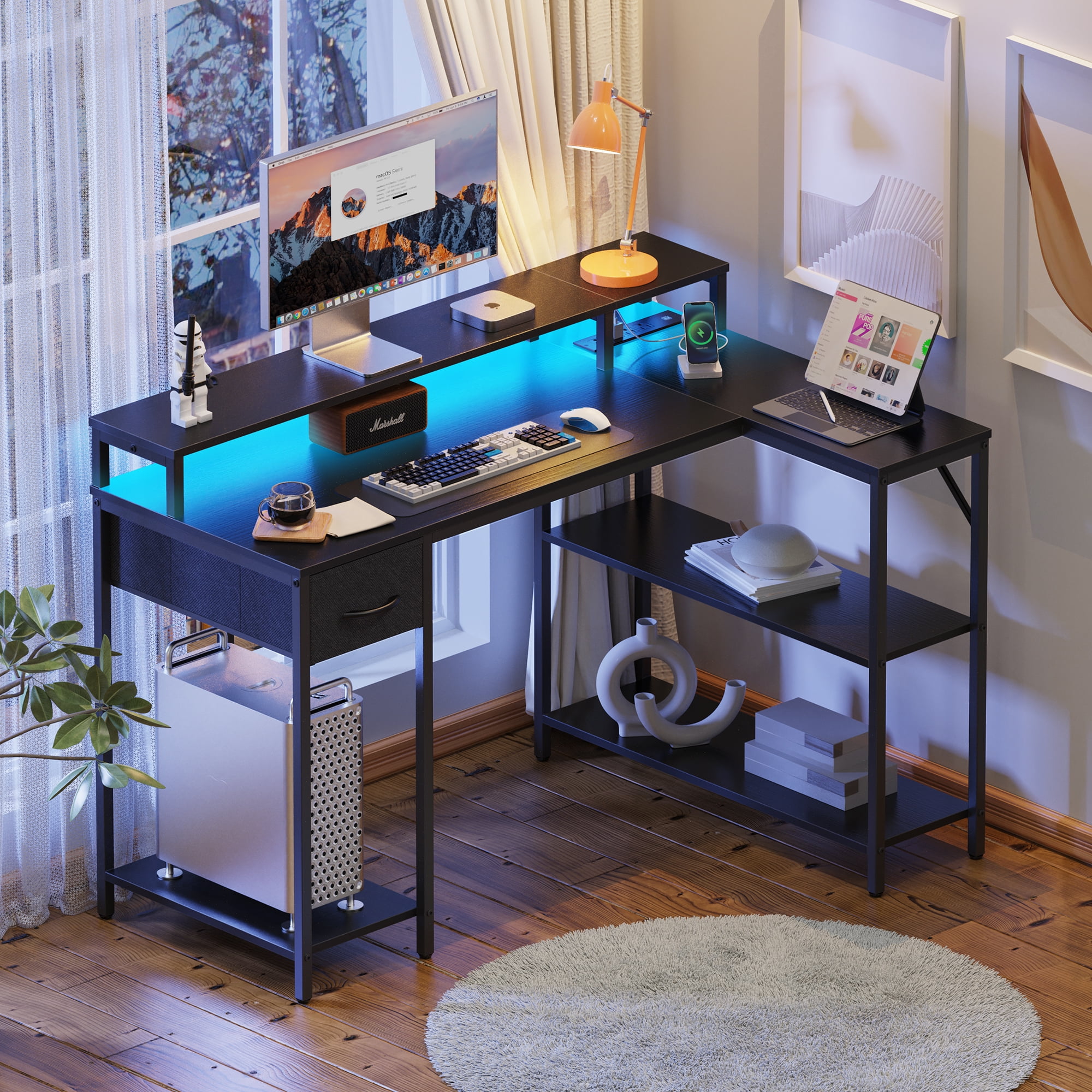 Huuger L Shaped Desk Computer Desk with LED Lights & Power Outlets Gaming Desk with Storage Shelves Corner Desk Home Office Desks for Bedroom Rust