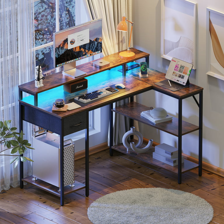 Huuger L Shaped Computer Desk with Power Outlets & LED Lights, Reversible Computer Desk with File Cabinet & Storage Shelves, Corner Desk Home Office