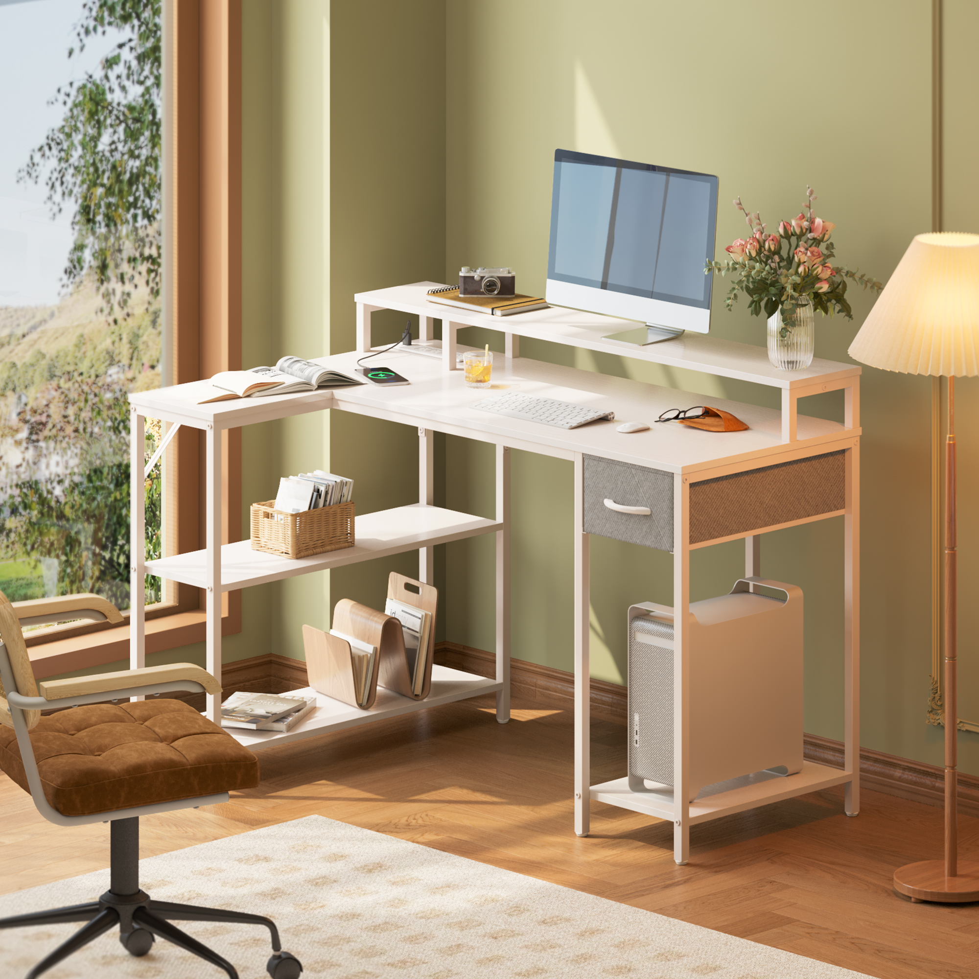 Furinno Indo LShaped Desk with Bookshelves, White