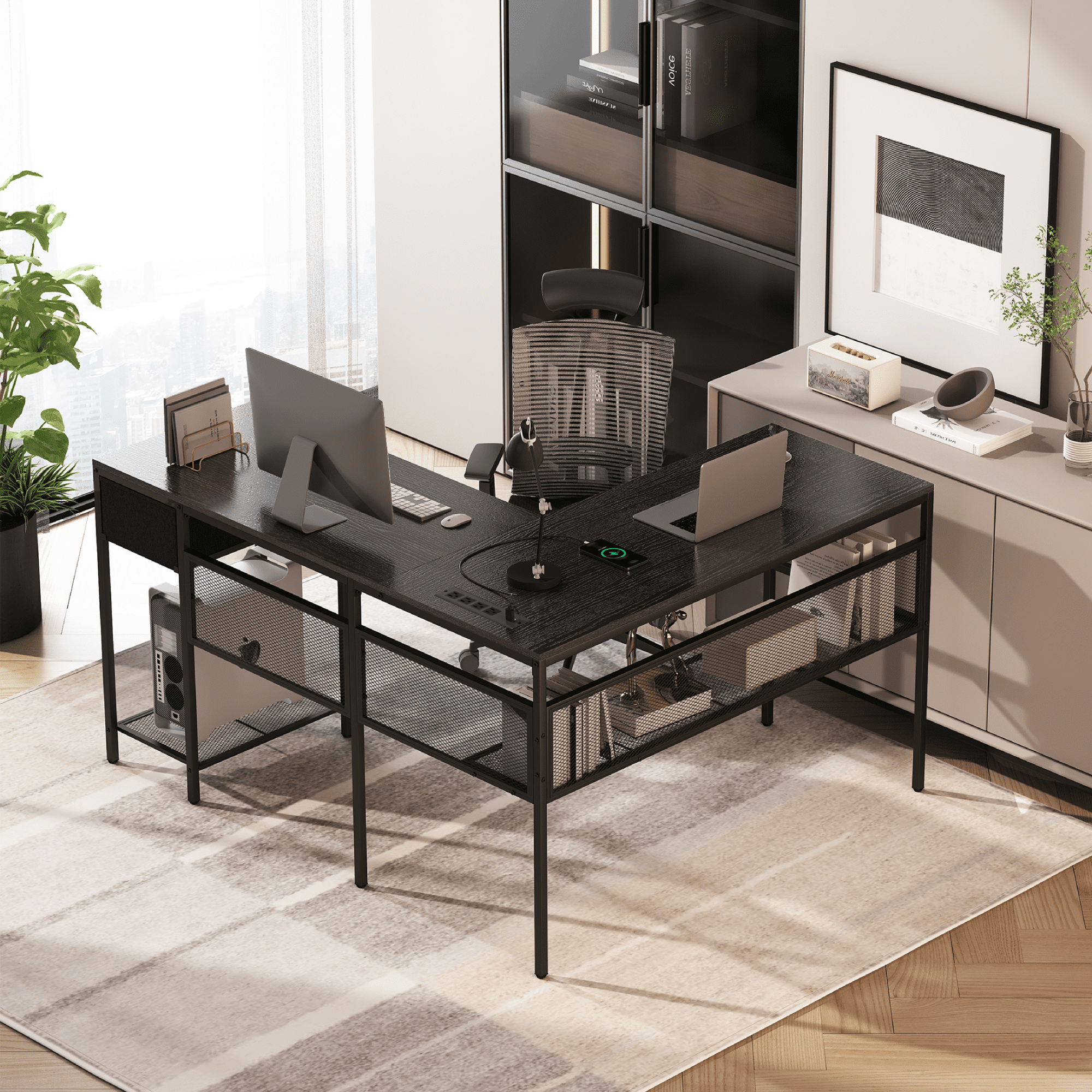 Superjare L Shaped Desk With Led Lights & Power Outlets, Reversible  Computer Desk With Fabric Drawer & Storage Shelves, Corner Desk Gaming Desk  Writing Desk For Home Office, Black - Walmart.Com