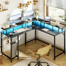 SUPERJARE L Shaped Desk with Outlets & USB Ports, Gaming Desk with LED Light Strip, Corner Computer Desk, L Office Desk, Monitor Stand, Hooks, and Storage Shelves, Black