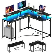 SUPERJARE L Shaped Desk with Outlets & USB Ports, Gaming Desk with LED Light Strip, Corner Computer Desk, L Office Desk, Monitor Stand, Hooks, and Storage Shelves, Carbon Fiber Black
