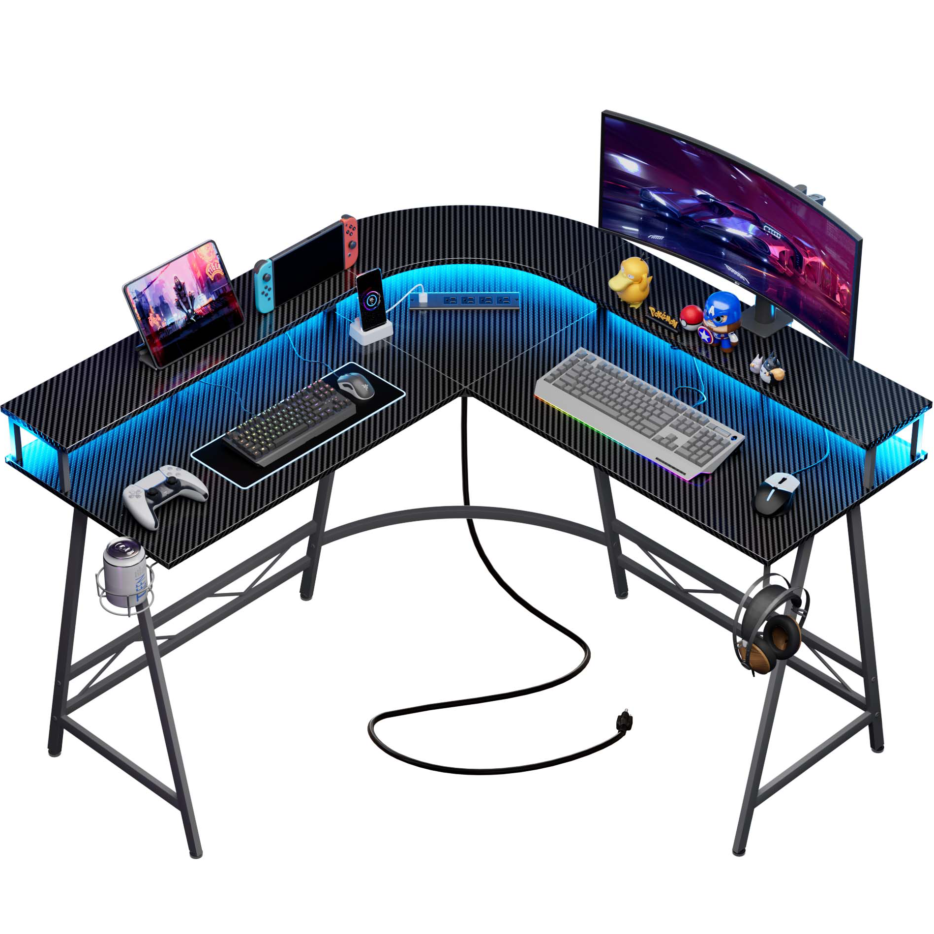 SUPERJARE L Shaped Gaming Desk with LED Lights & Power Outlets