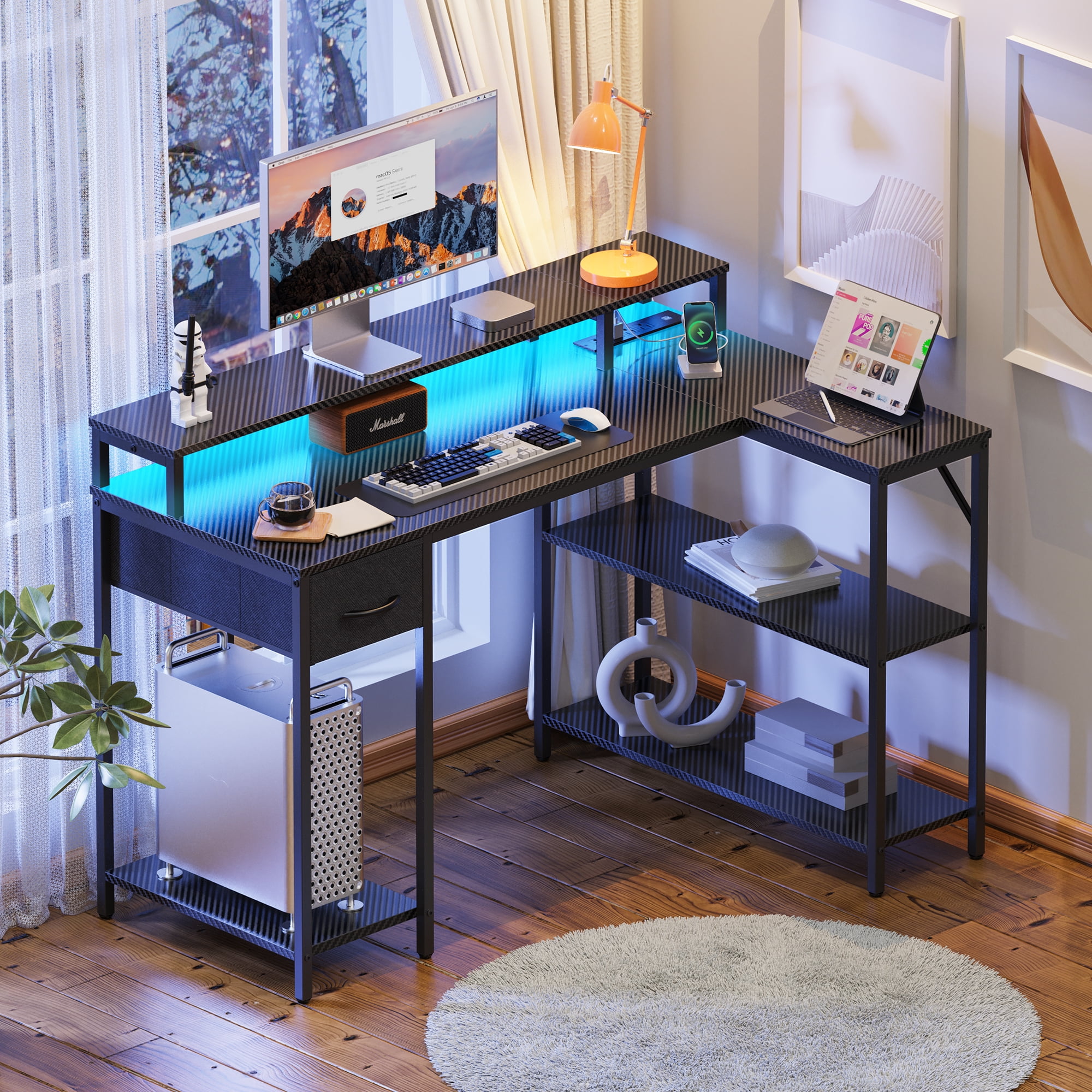 SUPERJARE LShaped Gaming Desk with LED Lights & Power Outlets, Office