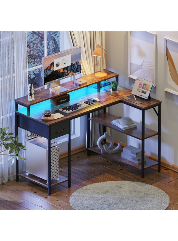 SUPERJARE L-Shaped Gaming Desk with LED Lights & Power Outlets, Office Desk with Shelves & Drawer, Reversible L Computer Corner Desk, Rustic Brown