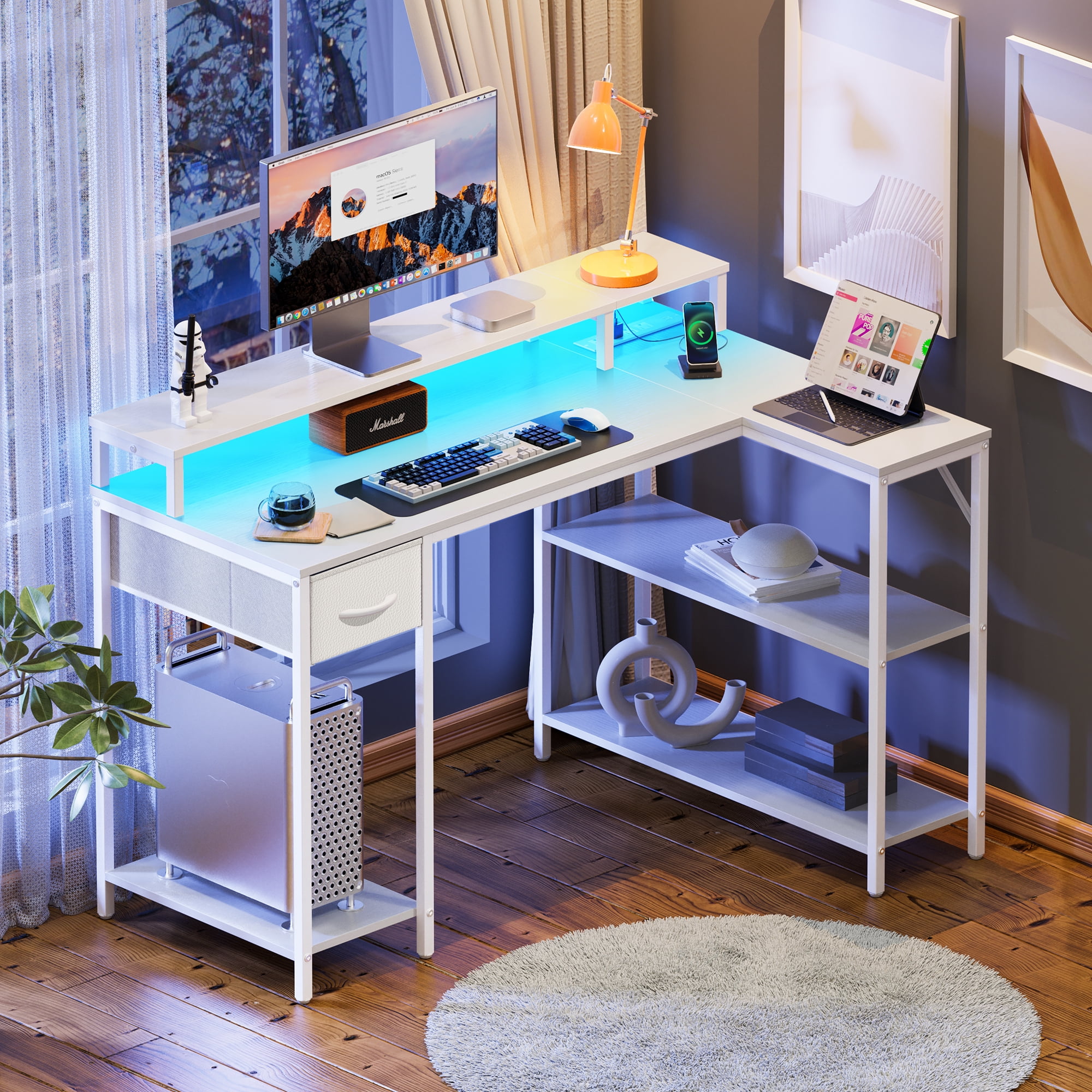 SUPERJARE L-Shaped Gaming Desk with LED Lights & Power Outlets, Office ...