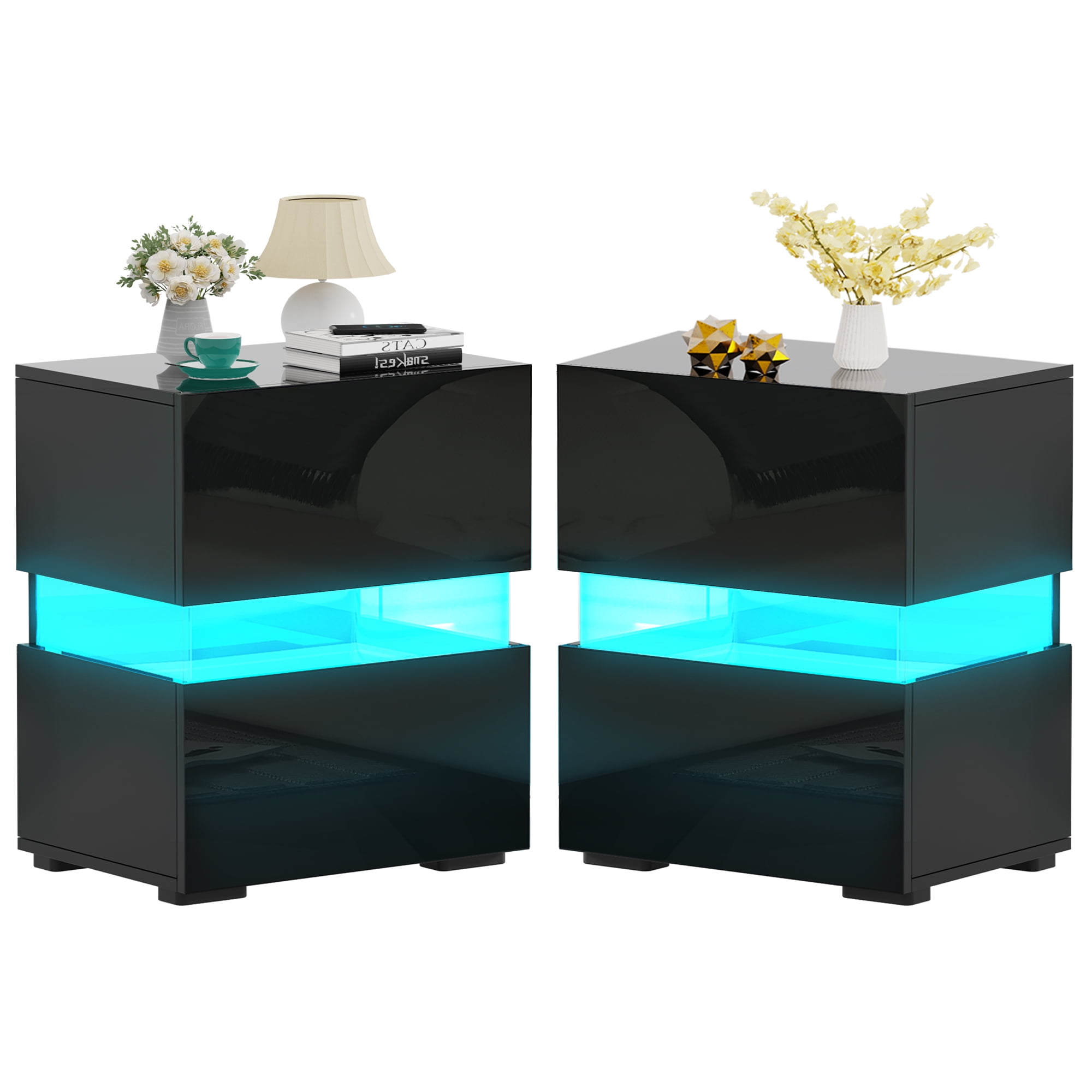 SUPERJARE LED Nightstands Set of 2, Bed Side Tables with LED Lights