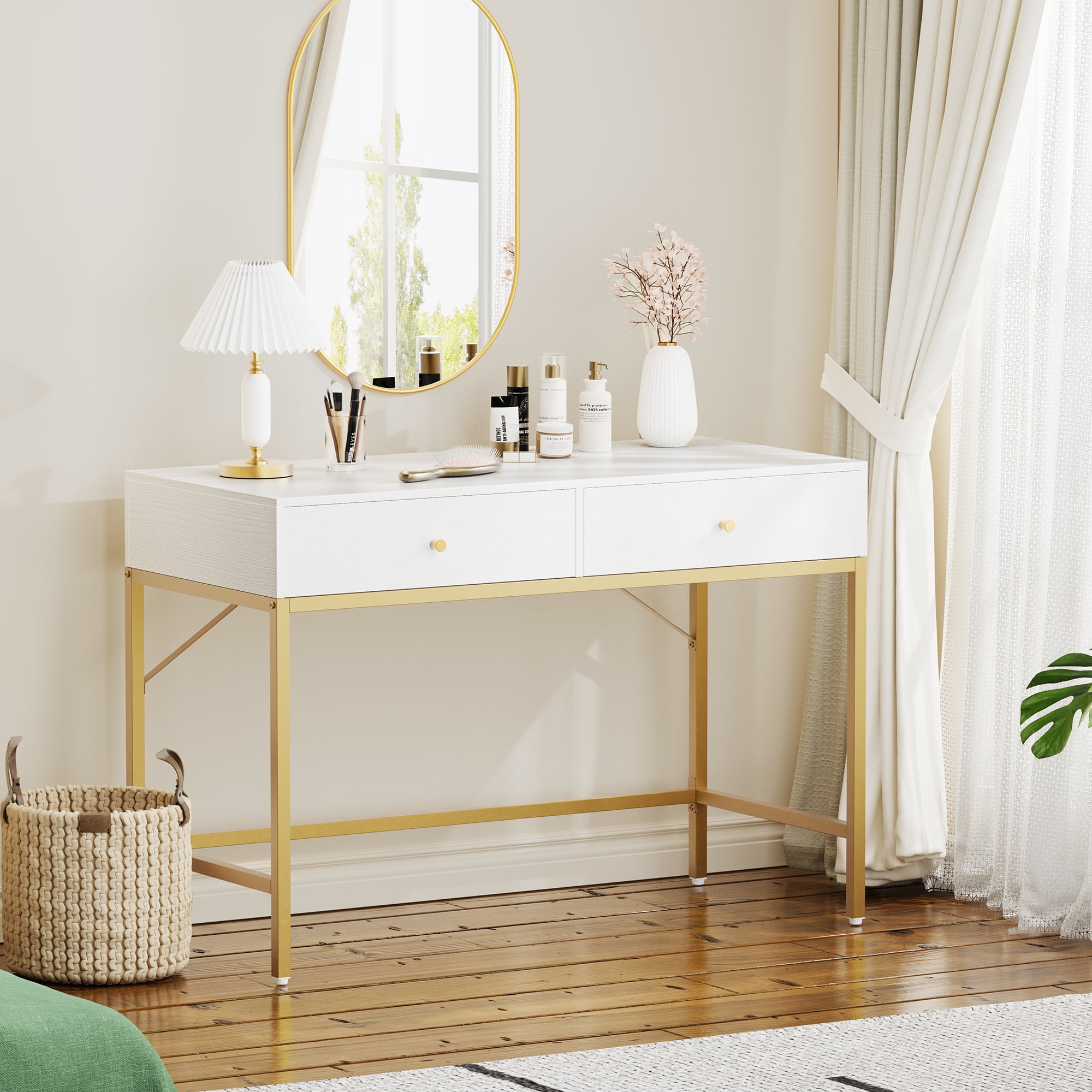 white gold dressing table Amazon.com: Makeup Vanity Set with Mirror & Cushioned Stool, Vintage Dressing  Table with 4 Drawers, European Style Vanity Desk for Bedroom (Color : White+ Gold, Size : 80x47x147cm) : Home & Kitchen