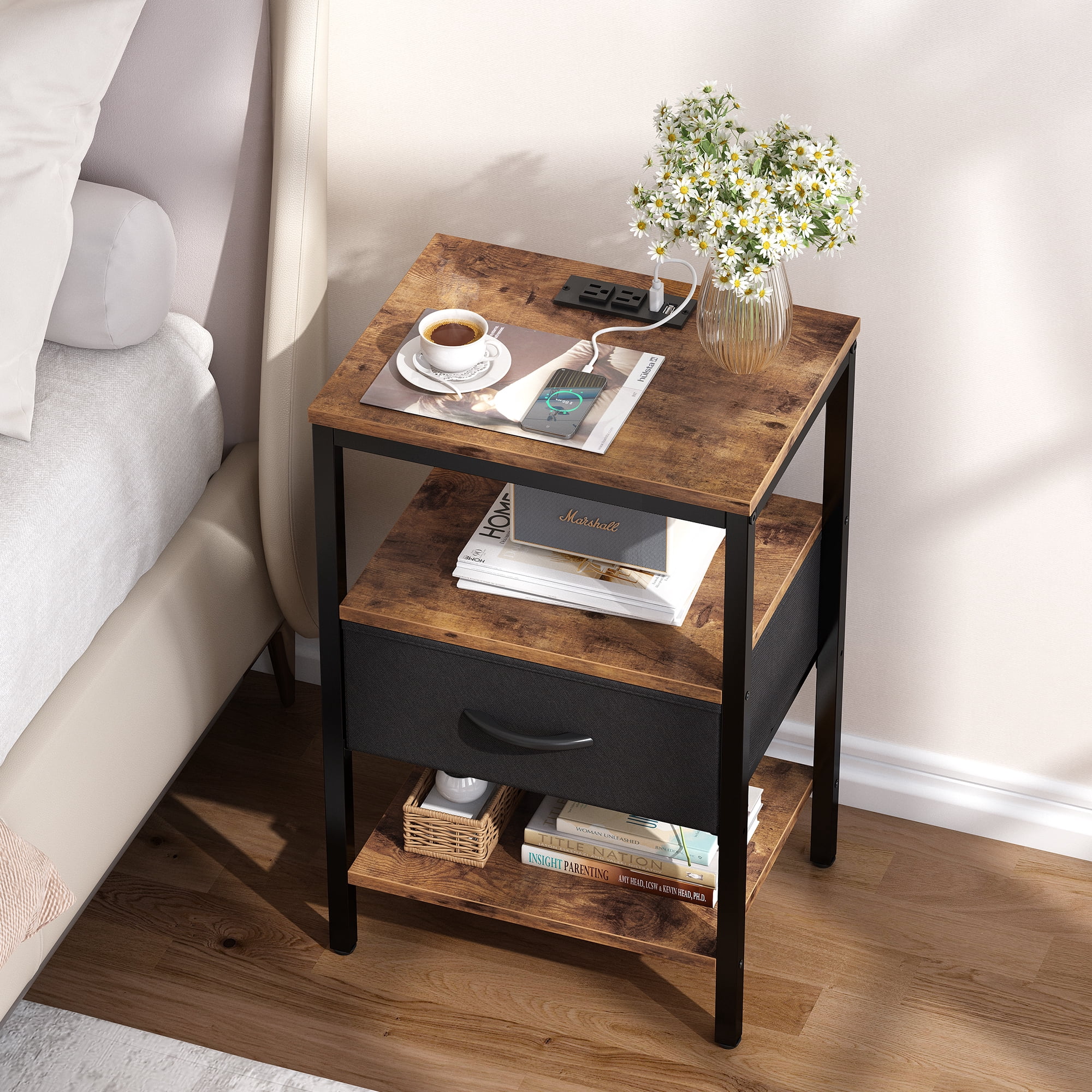 Brandclub - SUPERJARE Nightstand with Charging Station, Bed Side Table ...