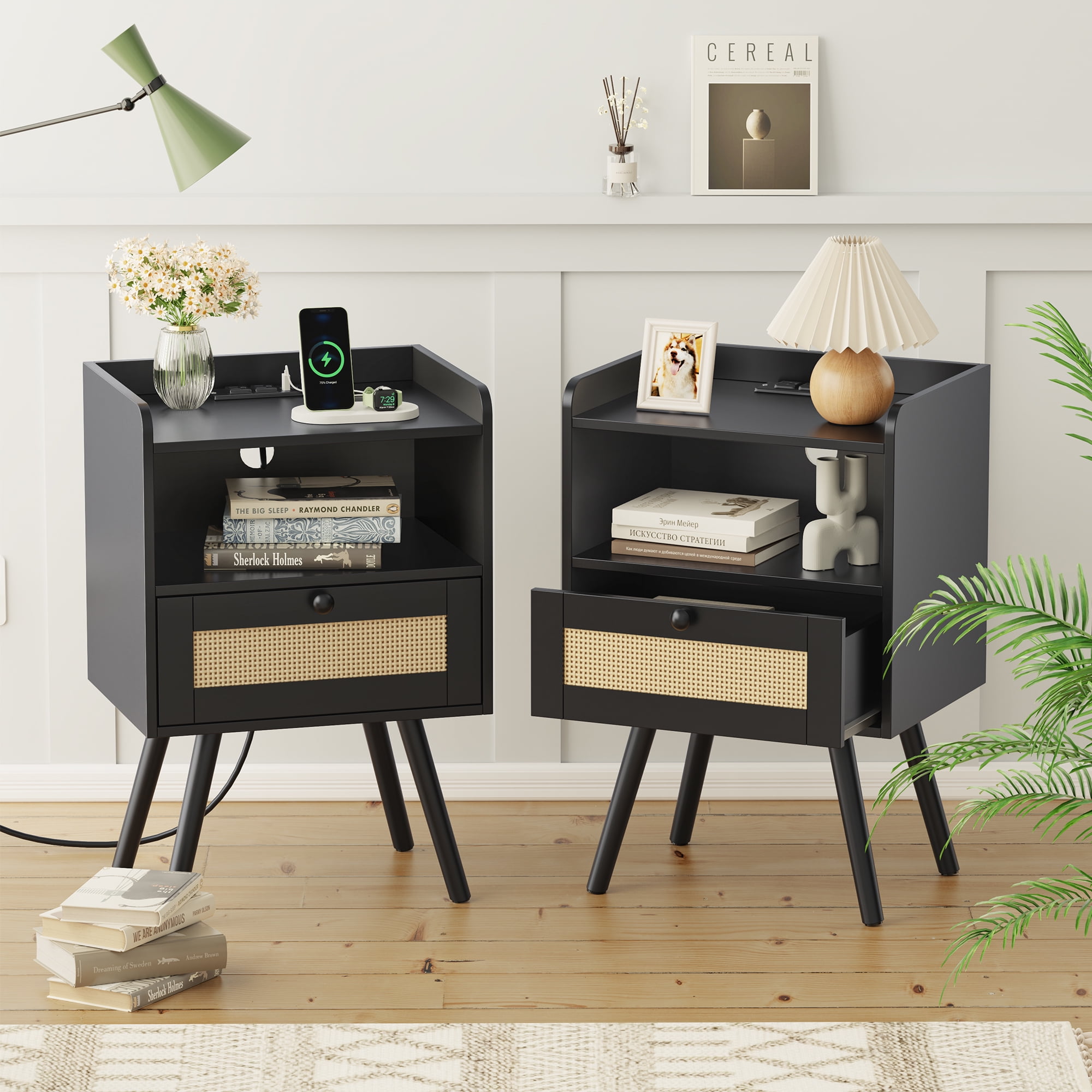 SUPERJARE Nightstands Set of 2, Night Stands with Charging Station, End