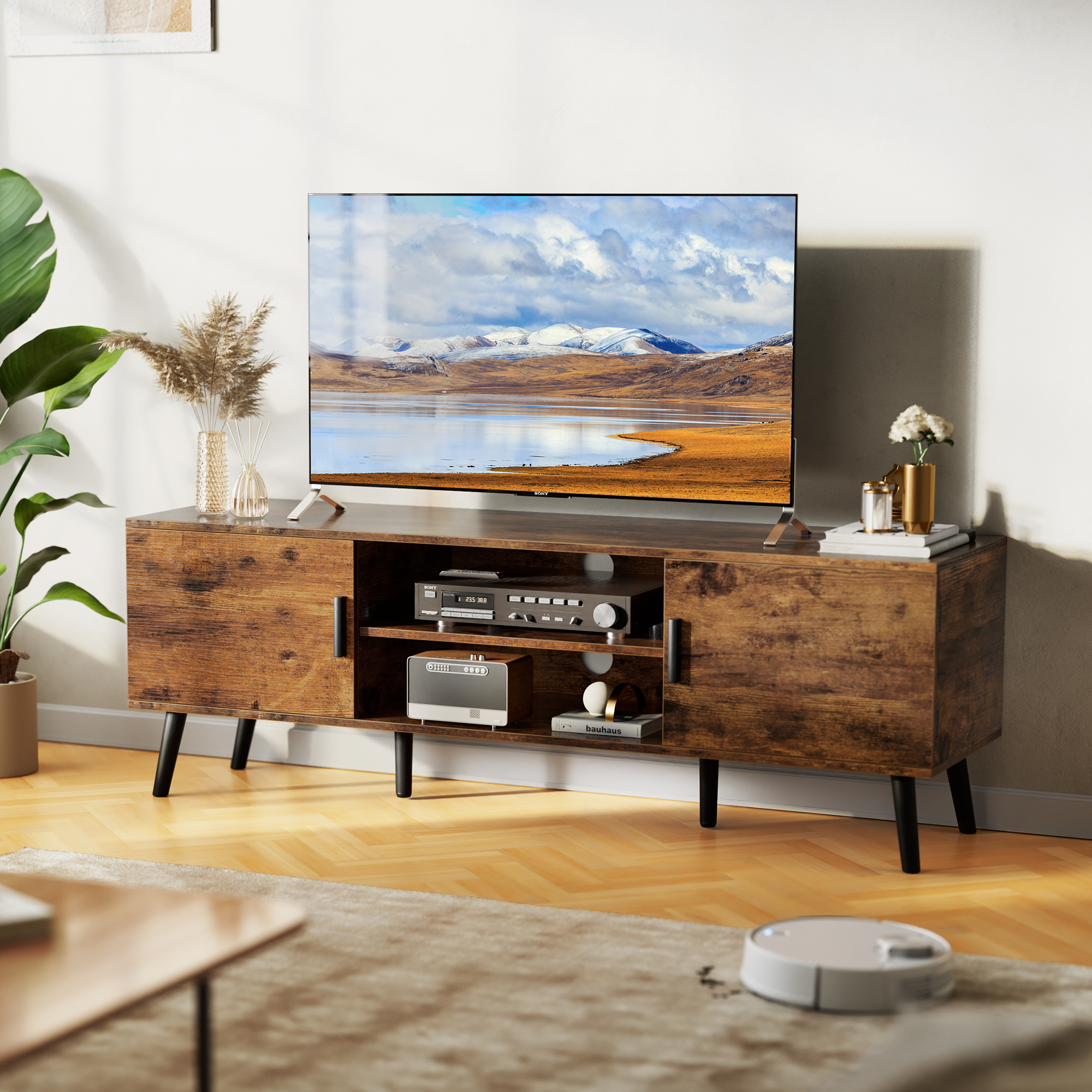 TV Stand for 55 inch TV, Seizeen Media TV Console with LED RGB Lights, TV with Storage
