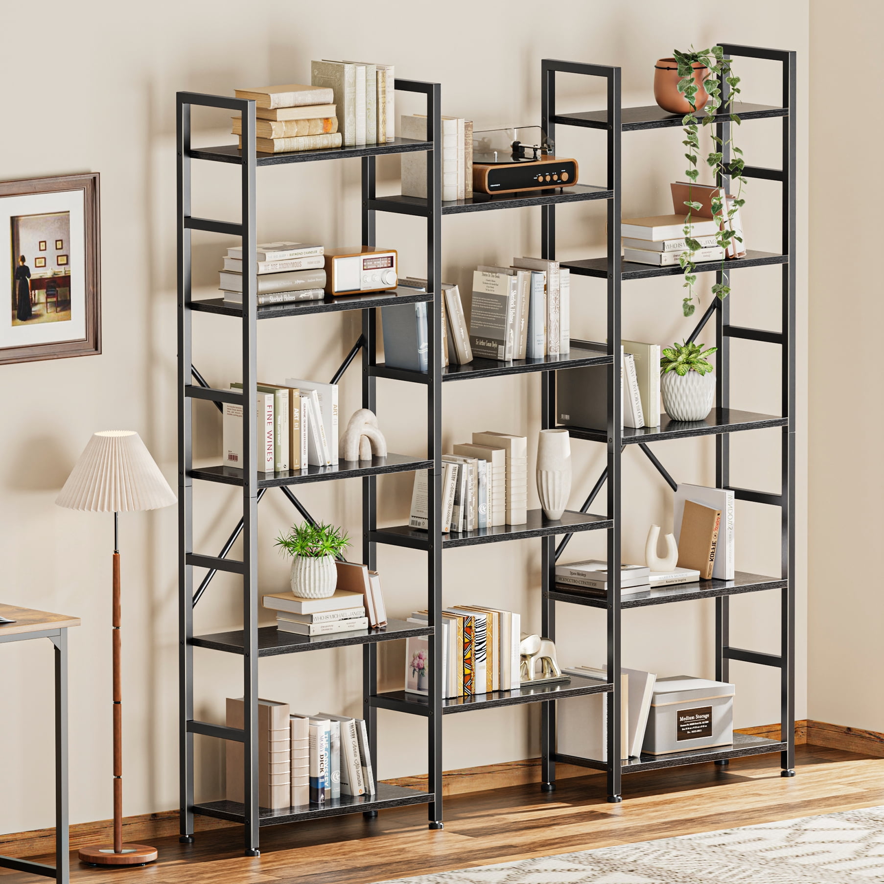 SUPERJARE Triple 5 Tier Bookshelf, Bookcase with 14 Open Display ...