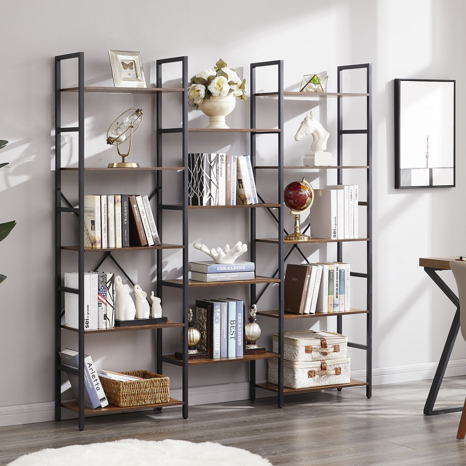 SUPERJARE Triple 5 Tier Bookshelf, Bookcase with 14 Open Display ...